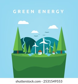 green energy land illustration, depicting a dynamic landscape filled with various renewable energy sources.
