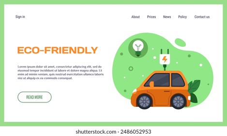 Green energy landing page. Eco friendly technology. Car electric charging. Electricity power. Recharge station. Website design template. Ecological transport. Alternative engine. Vector background