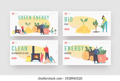 Green Energy Landing Page Template Set. People Use Bio Coal. Family Characters Heating Home with Biological Coal in Fireplace, Wood Logs and Pellets. Ecology, Natural Fuel. Cartoon Vector Illustration