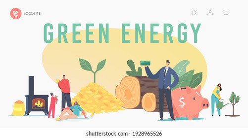 Green Energy Landing Page Template. People Use Bio Coal. Family Characters Heating Home with Biological Coal in Fireplace, Wood Logs and Pellets. Ecology, Natural Fuel. Cartoon Vector Illustration