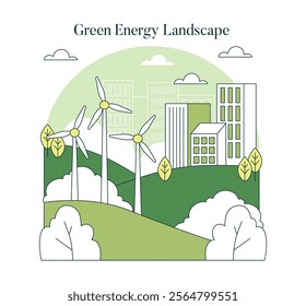 Green Energy Landscape concept. Illustration depicting sustainable urban development with wind turbines. Renewable power generation in a modern city. Vector illustration.