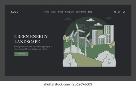 Green Energy Landscape concept. Sustainable urban design with wind turbines among buildings. Renewable energy and eco-friendly city planning. Vector illustration.