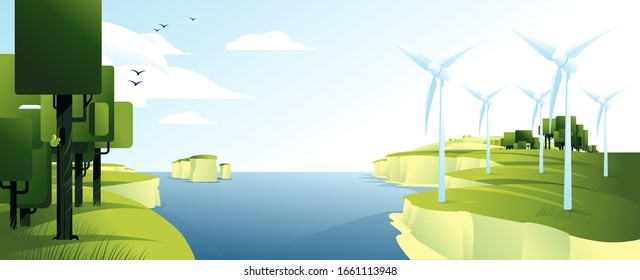 Green energy landscape with electric windmill on river coast