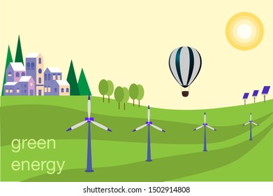 Green energy landscape with power mills and solar panel safe ecology concept.