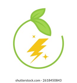 Green Energy Leaf Circle with Yellow Lightning Bolt and Stars