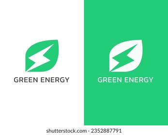 Green energy leaf and electricity lightning bolt shape logo icon design concept. Eco energy clean technology concept. Usable for Business and Branding Logo. Nature and electricity renewable.