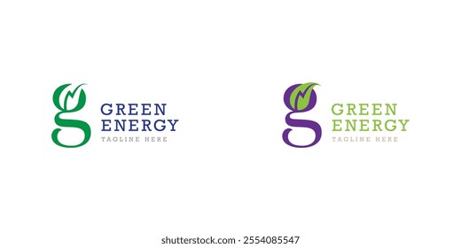 green energy leaf logo design. Symbol with leaf and thunder shape combination. Vector illustration. Creative logo template.