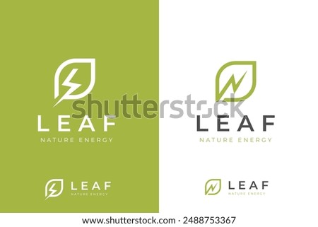 green energy leaf logo icon design. graphic symbol with leaf and thunder shape combination for green energy logo line art