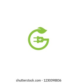 Green energy letter G logo vector design template, with the concept of electric plugs and green leaves