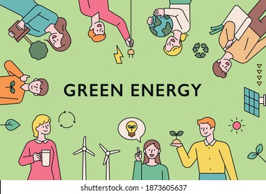 Green energy lifestyle. People are holding environmental protection items. Web banner style configuration. flat design style minimal vector illustration.
