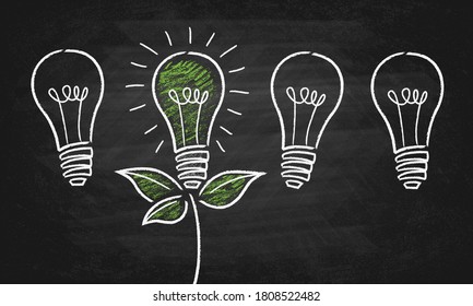 Green energy light bulb chalk board vector background