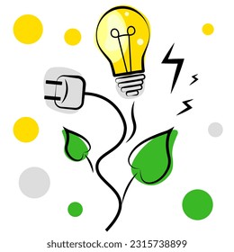 Green energy. The light bulb glows on a stem with leaves. Vector illustration isolated on white background