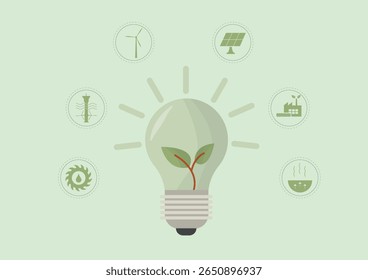 Green Energy Light Bulb with Renewable Sources. Eco light bulb with plant inside surrounded by renewable energy icons : wind, solar, marine, biomass, hydraulic and geothermal power.Vector illustration
