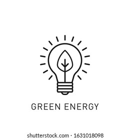 Green energy light bulb with tree leaf thin line icon. Design element for renewable energy, green technology. Vector stock illustration.