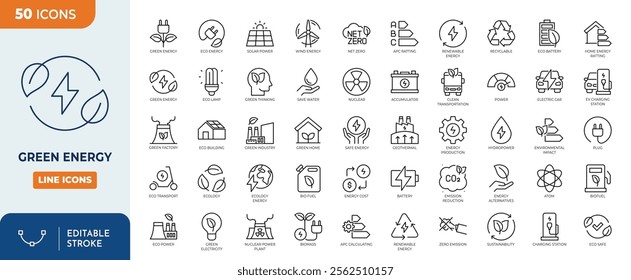 Green Energy line editable icon set. Collection of renewable energy, green technology, and more. vector illustration