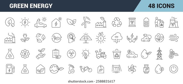 Green Energy Line Editable Icon Set . Climate Change, Carbon, footprint, Nature, Recycling, Sustainable, and more. vector illustration.