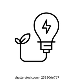 Green Energy line icon, Light bulb, lightning bolt, plant growing from wire  symbolizing creativity, innovation, ecofriendly concepts. Ideal for energy, sustainability, and creative design concepts.