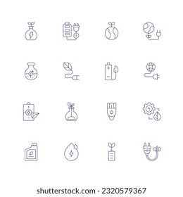 Green energy line icon set. Editable stroke. Thin line icon. Containing flask, eco battery, earth, planet, biomass, electricity, battery, energy, tube, saving, eco fuel, water drop, eco energy.