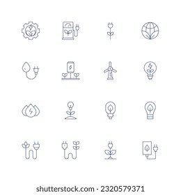 Green energy line icon set. Editable stroke. Thin line icon. Containing cogwheel, eco fuel, plug, eco friendly, water energy, eco, wind energy, bio, hydraulic energy, saving.