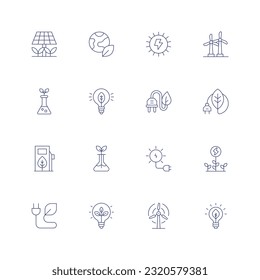 Green energy line icon set. Editable stroke. Thin line icon. Containing solar panel, ecology, solar energy, windmill, laboratory, clean energy, organic, eco fuel, sun, green, bio energy.