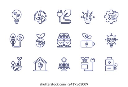 Green energy line icon set. Editable stroke. Vector illustration. Containing green energy, bio energy, windmill, eco bulb, gear, energy, solar panel, earth, eco battery, eco light, green city.