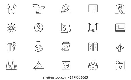 Green energy line icon set. CO2 neutral, zero waste, use car, green energy, recyclable, battery, eco, sustainable, solar panel, energy outline icon collection. UI thin line icon pack. 