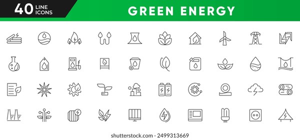 Green energy line icon set. CO2 neutral, zero waste, use car, green energy, recyclable, battery, eco, sustainable, solar panel, energy outline icon collection. UI thin line icon pack. 