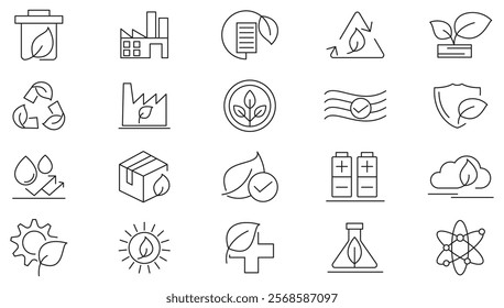 Green Energy line icon set. Eco industry, wind turbine, green energy, organic, CO2 neutral, solar, geothermal, protection, renewable energy line icon set. UI thin line icon pack.