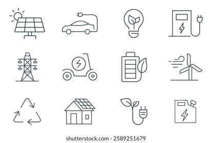 Green Energy Line Icon Set. Vector Illustration of Renewable Energy, Sustainable Infrastructure, Solar, Wind, Electric Vehicles, Green Energy, and Eco-Friendly Technology Symbols