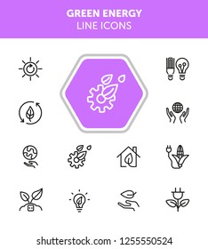 Green energy line icons. Set of line icons on white background. Environment concept. Ecology, planet, leaf, safety. Vector illustration can be used for topics like nature, environment, planet
