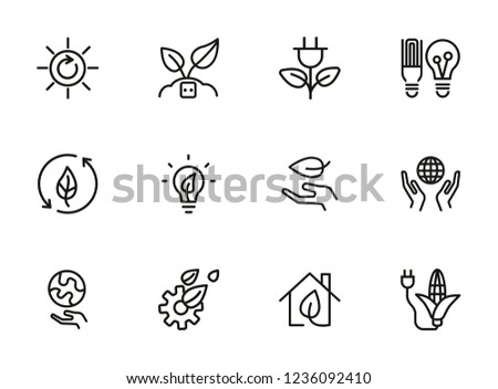 Green energy line icons. Set of line icons on white background. Environment concept. Ecology, planet, leaf, safety. Vector illustration can be used for topics like nature, environment, planet
