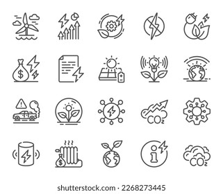 Green energy line icons. Warm climate, Sustainable power and Antistatic set. Co2 exhaust, Solar charge battery and Heat radiator icons. Energy price inflation, green climate. Vector