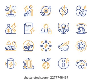 Green energy line icons. Warm climate, Sustainable power and Antistatic set. Co2 exhaust, Solar charge battery and Heat radiator icons. Energy price inflation, green climate. Vector