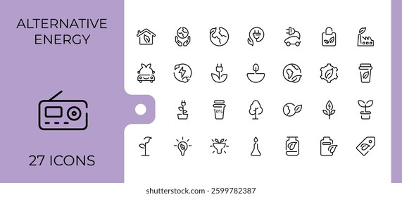 Green Energy linear icon. Contains related to energy, bio, power, ecology, electricity, sustainable, electric and more. Vector icons collection. Eco icon. Vector artwork and illustration.