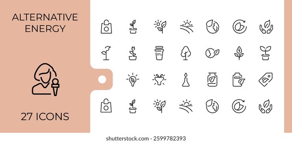 Green Energy linear icon. Contains related to energy, bio, power, ecology, electricity, sustainable, electric and more. Vector icons collection. Eco icon. Vector artwork and illustration.