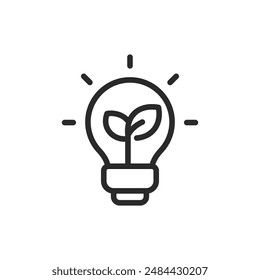 Green energy, linear style icon. Plant in light bulb. Leaves in light bulb. Editable stroke width