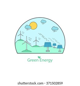 Green Energy. Linear style. Solar battery. Windmill.