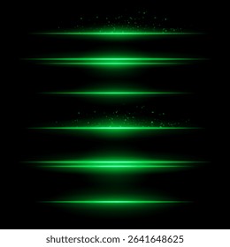 Green energy lines. Glowing horizontal streaks with particle sparks above and below lines. Dark background adds contrast. Suitable for sci-fi, fire, energy, tech visuals.