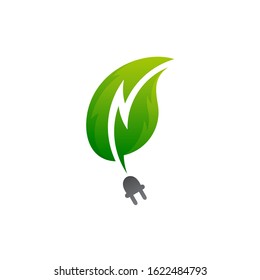 Green energy logo design, logo concept of leaf with thunder and plug in electricity, for environmentally friendly technology, natural resources, power savers and companies in the energy sector.