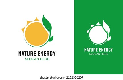 Green energy logo design. Sun with leaf icon for the environmentally friendly industry