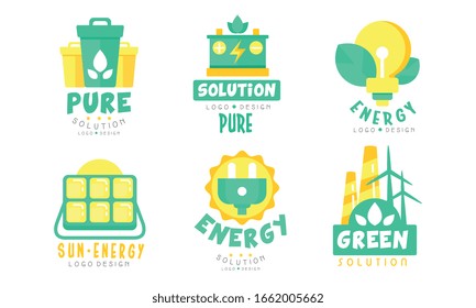 Green Energy Logo Design Templates Collection, Pure Solutions, Renewable Energy Innovative Technologies Vector Illustration on White Background