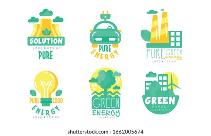 Green Energy Logo Design Templates Collection, Renewable Energy, Innovative Technologies, Pure Solution Vector Illustration on White Background
