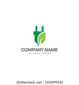 Green energy logo, electric plug and green leaf vector design template	