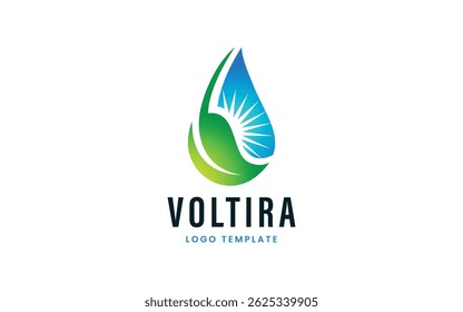 Green Energy Logo Featuring Blue Sun Light and Abstract Water Drop Shape
