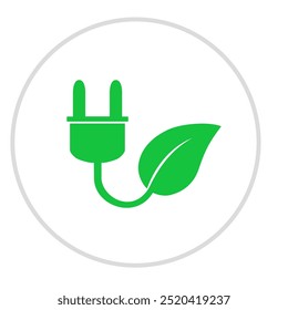 Logotipo de energia verde, ícone, símbolo, ilustração de vetor de plugue ecológico para um mundo mais ecológico e sustentabilidade. Rótulo, adesivo, gráfico de conceito de ideia de selo isolado no fundo branco.