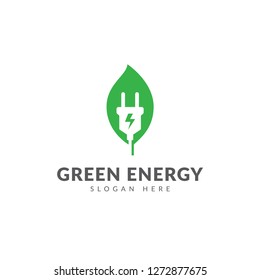 Green energy logo or icon vector design template with electric plugs and leaves