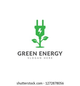 Green energy logo or icon vector design template with electric plugs and green plants