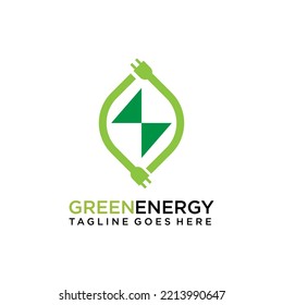 Green energy logo or icon vector design template with electric plugs and leaf.