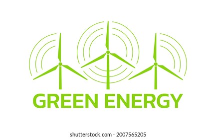 Green energy logo or icon with wind turbines. Renewable and clean energy symbol with modern windmills. Vector illustration.