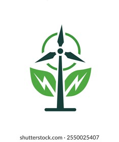 Logotipo o icono de energía verde con turbinas eólicas. Símbolo de energía renovable y limpia con molinos de viento modernos. Ilustración vectorial.